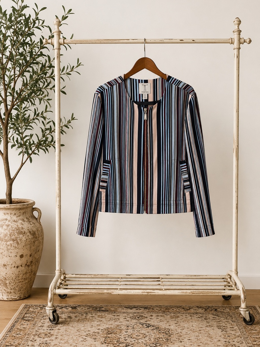 Striped Zip-Front Jacket in Blue & Pink / Work clothes / Blazer Suit